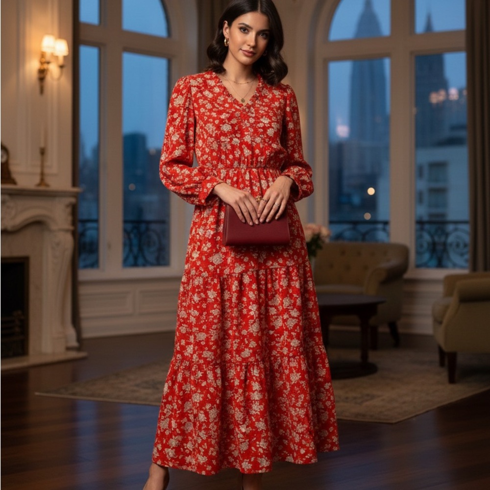 Black Tape Red Floral Long Sleeve Dress